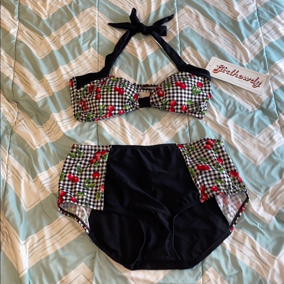 High Waisted Retro Style Cherry Print Bikini - Picture 3 of 7
